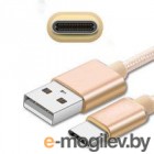 Кабель Qumo Type-С кабель, 1м, USB 3.0, 5В, 3А, 15Вт, металлическая оплетка, металлический коннектор, золотой