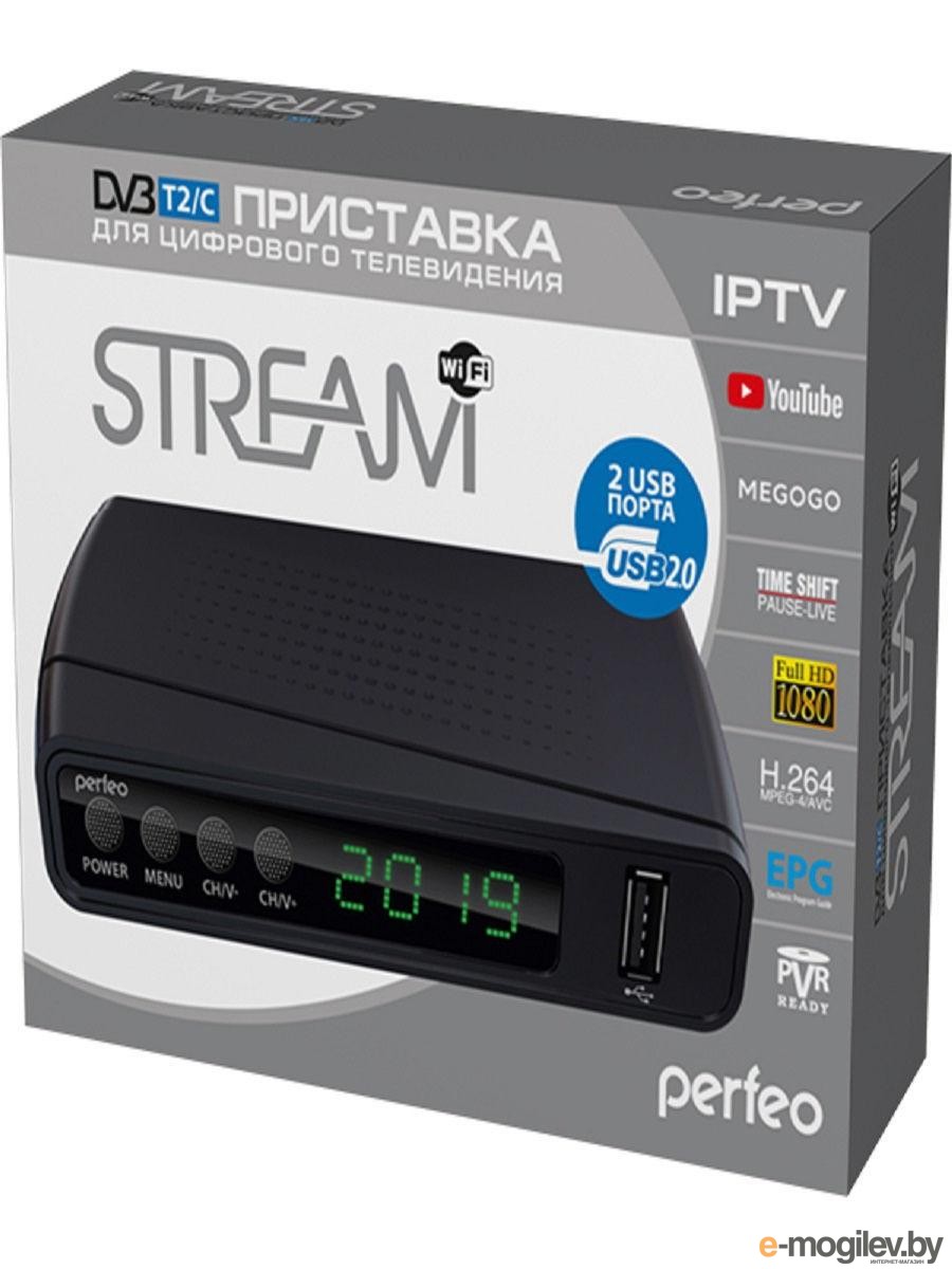 Perfeo DVB-T2/C приставка STREAM для цифр.TV, Wi-Fi, IPTV, HDMI, 2 USB, DolbyDigital, пульт ДУ