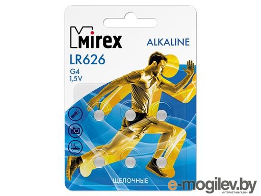 Батарейка (LR626/377/AG4 x6шт.) - Mirex [LR626-E6], Alkaline, блистер