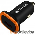 CANYON C-01 Universal 1xUSB car adapter, Input 12V-24V, Output 5V-1A, black rubber coating with orange electroplated ring(without LED backlighting), 51.8*31.2*26.2mm, 0.016kg, S