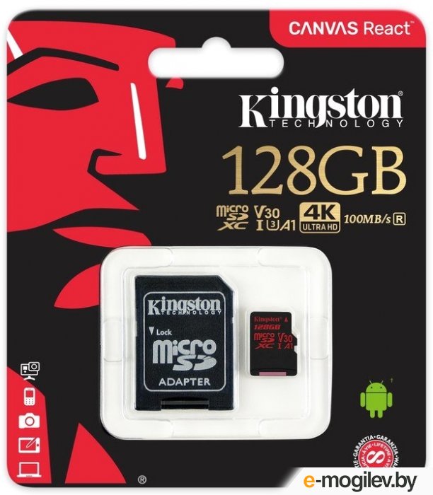 Карта памяти Kingston Canvas React 100R/80W microSDXC (Class10) UHS-I U3 128Gb SDCR/12